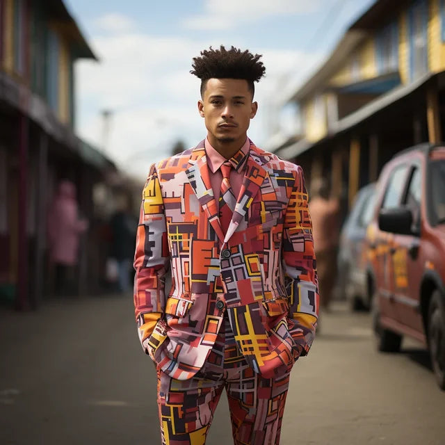 Color Block Lapel Digital Printed Suit