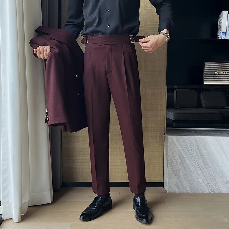 Solid High Waist Double-Blade Fitted Trousers