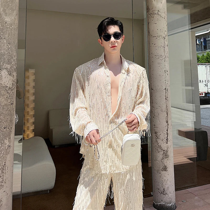 Irregular Sequin Tassel See-Through Shirt