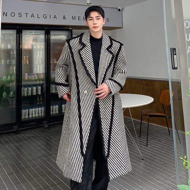 Striped Woolen Twill Lapel Coat