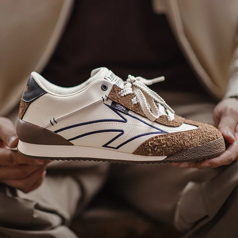 Brown-Beige Patchwork Low-Top Sneakers