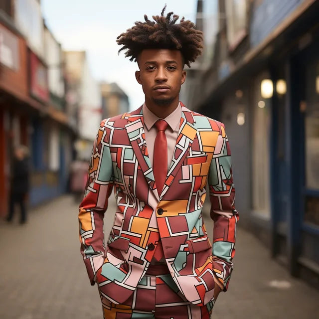 Color Block Lapel Digital Printed Suit