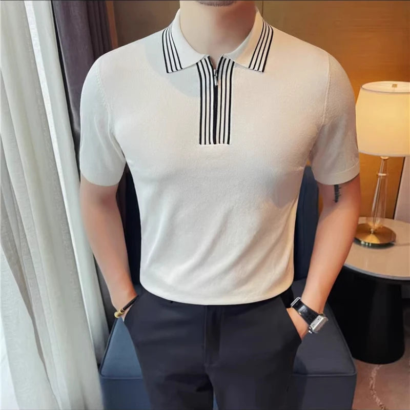 Striped Lapel Slim-Fit Men Polo Shirt