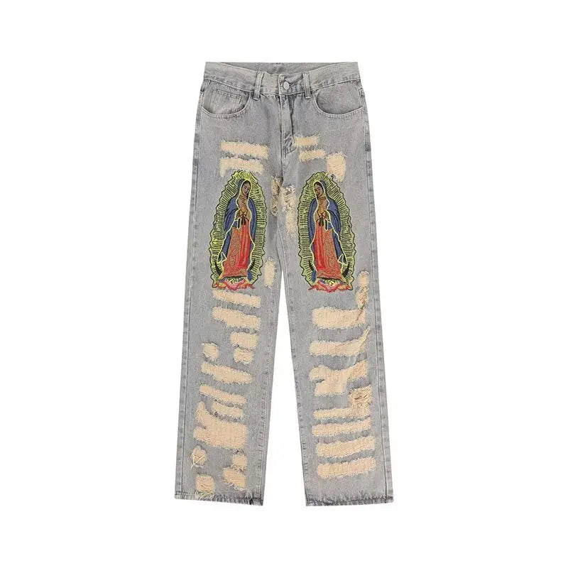 Embroidered Patchwork Ripped Loose Jeans