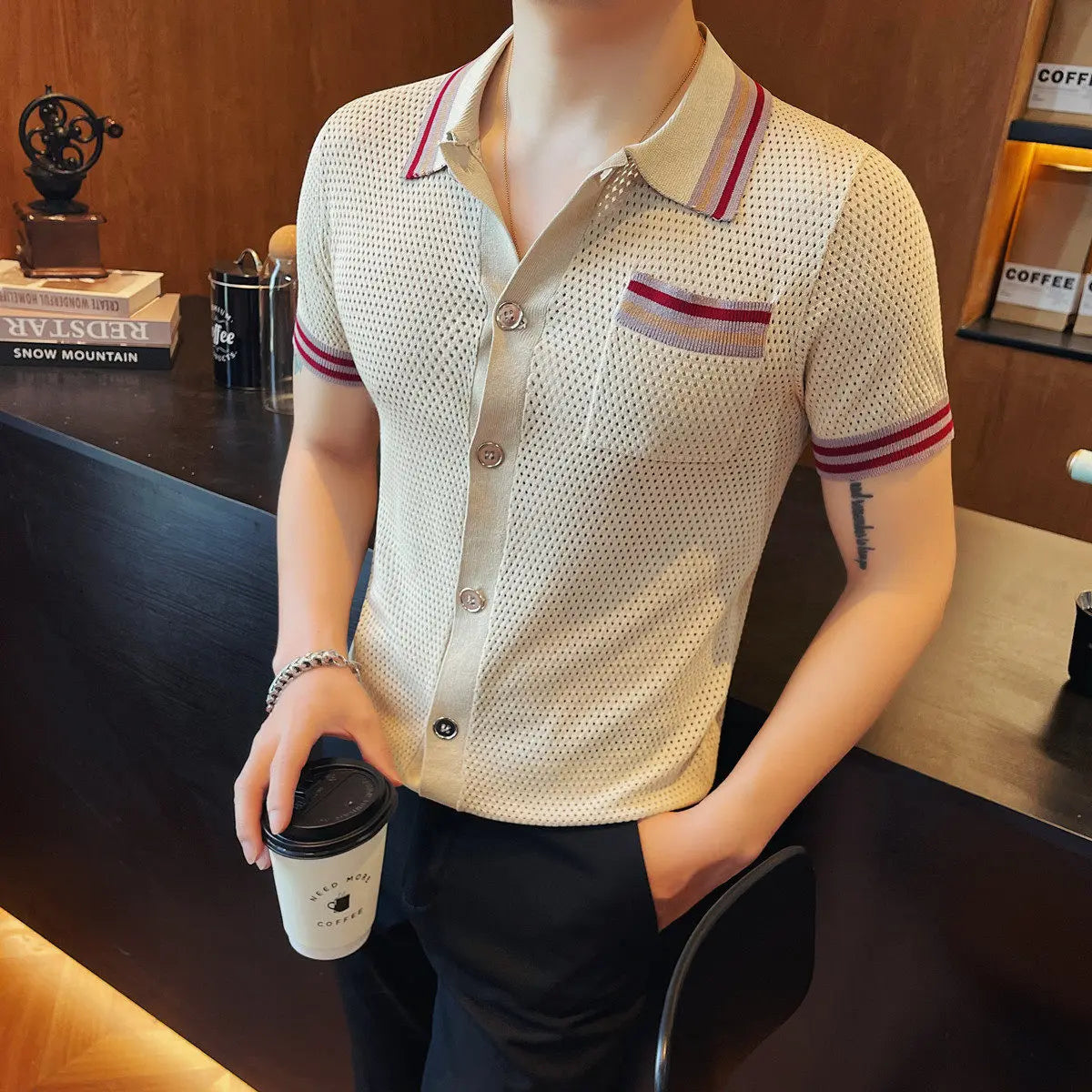 Hollow Dots Knitted Single-Breasted Shirt