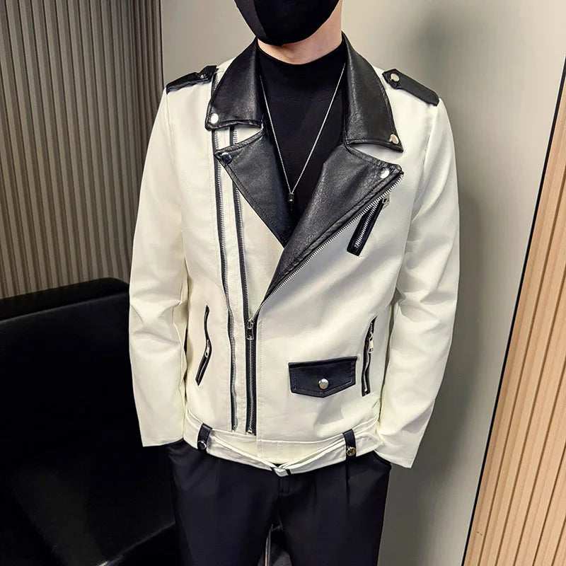 Zipper V-Neck Motorcycle Leather Jacket