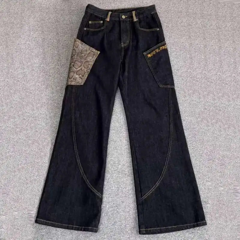 Snakeskin Pattern Patchwork Loose Jeans