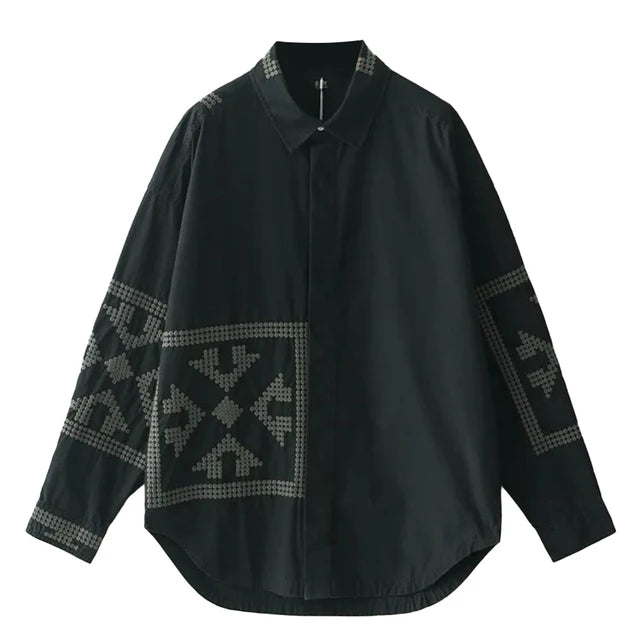 Black Geometric Embroidery Casual Shirt