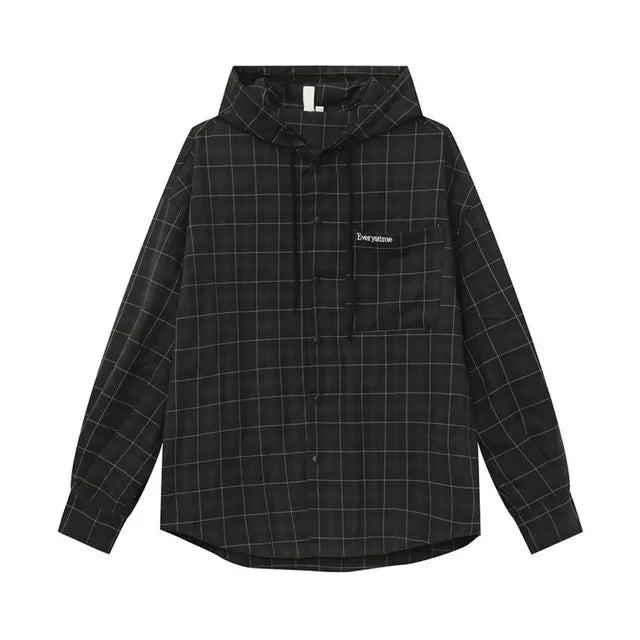 Plaid Drawstring Hooded Loose Shirt
