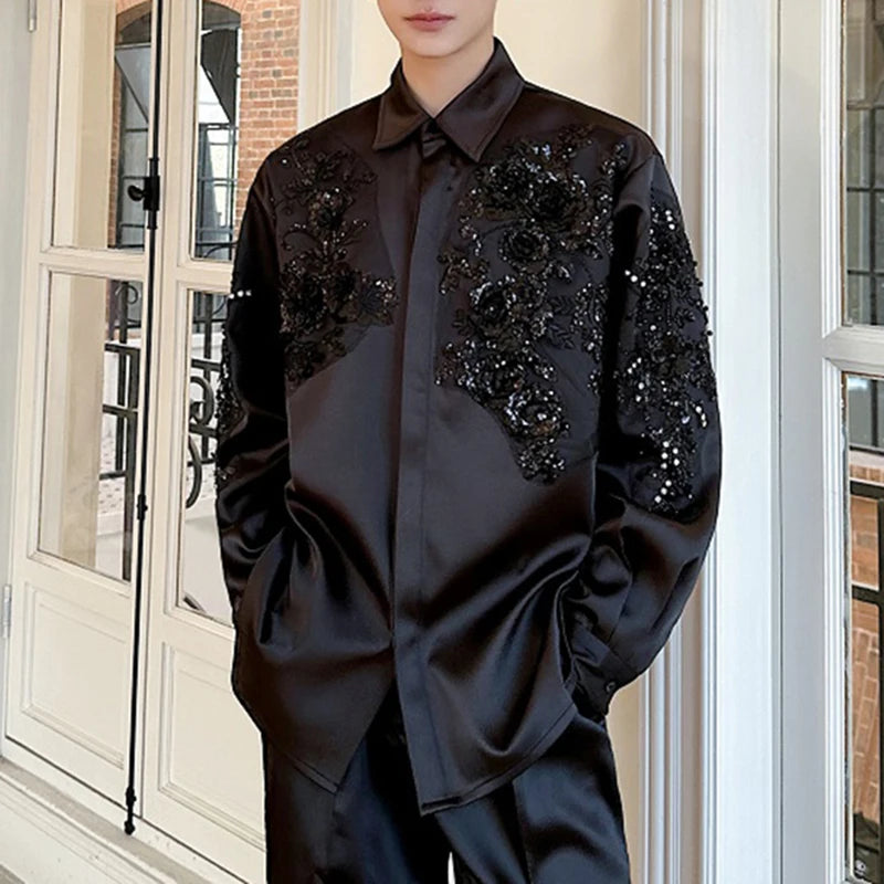 Solid Lapel Sequin Embroidered Shirt