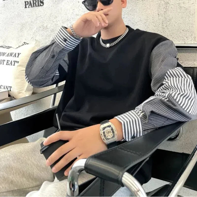 Solid Striped Patchwork O-Neck Sweatshirt