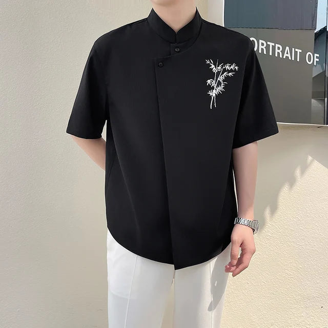 Solid Chest Embroidery Stand Collar Shirt