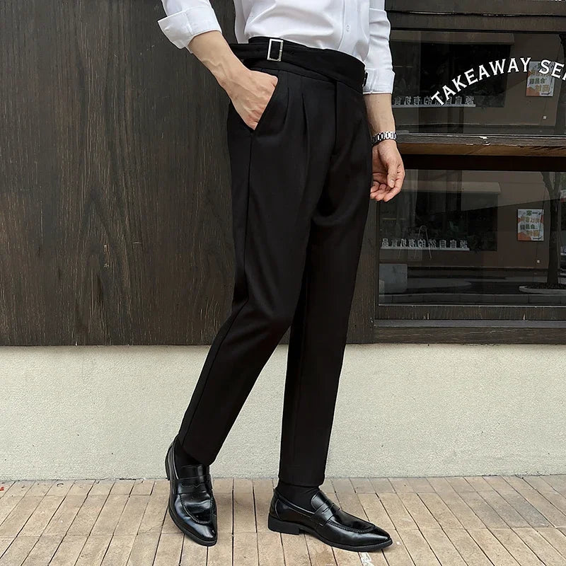 Solid High Waist Double-Blade Fitted Trousers