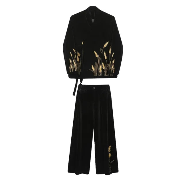 Black Embroidery Suit Pants Set