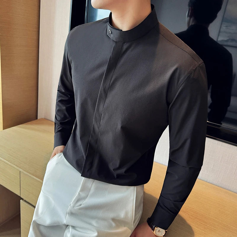 Stand Collar Covered Button Shirt