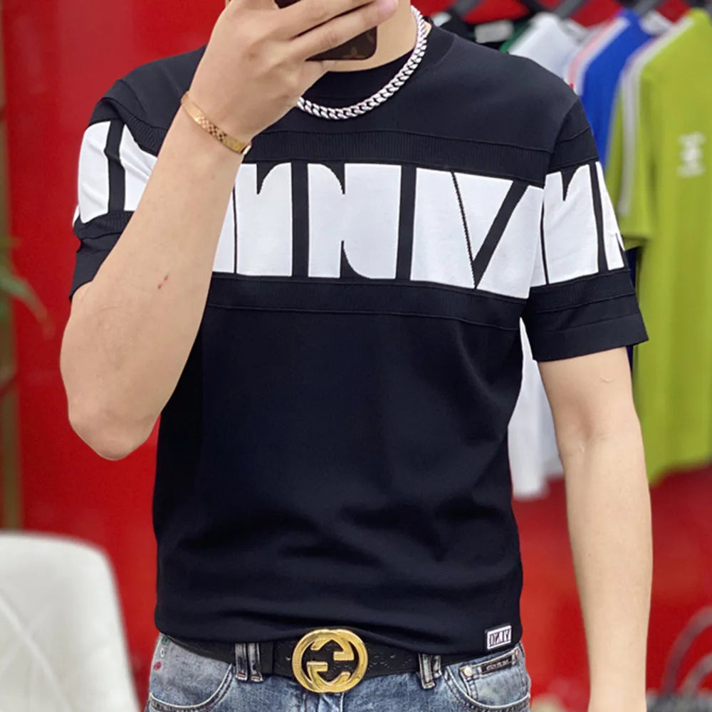 Contrast Color Splicing Jacquard O-Neck T-Shirt