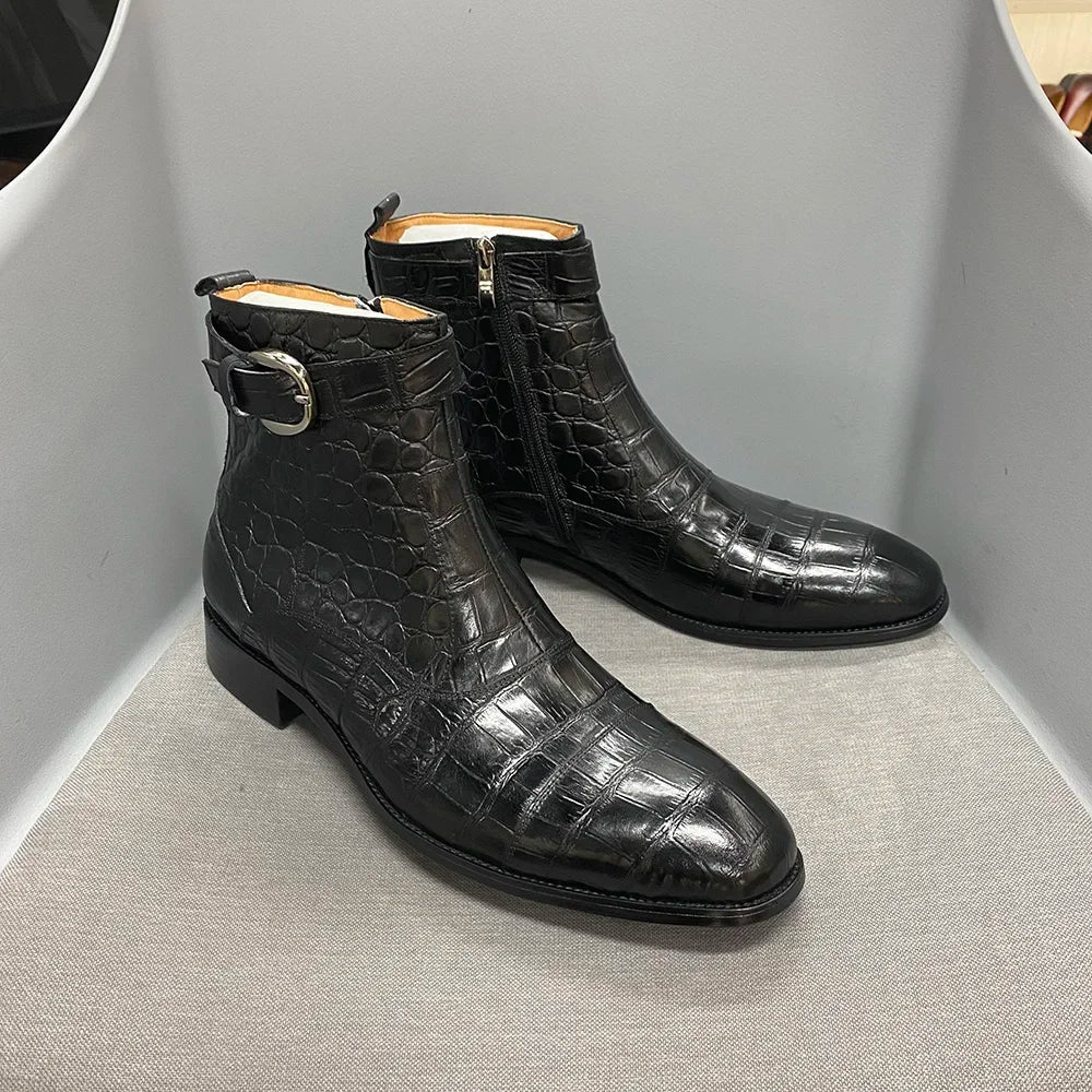 Leather Crocodile Print Ankle Boots