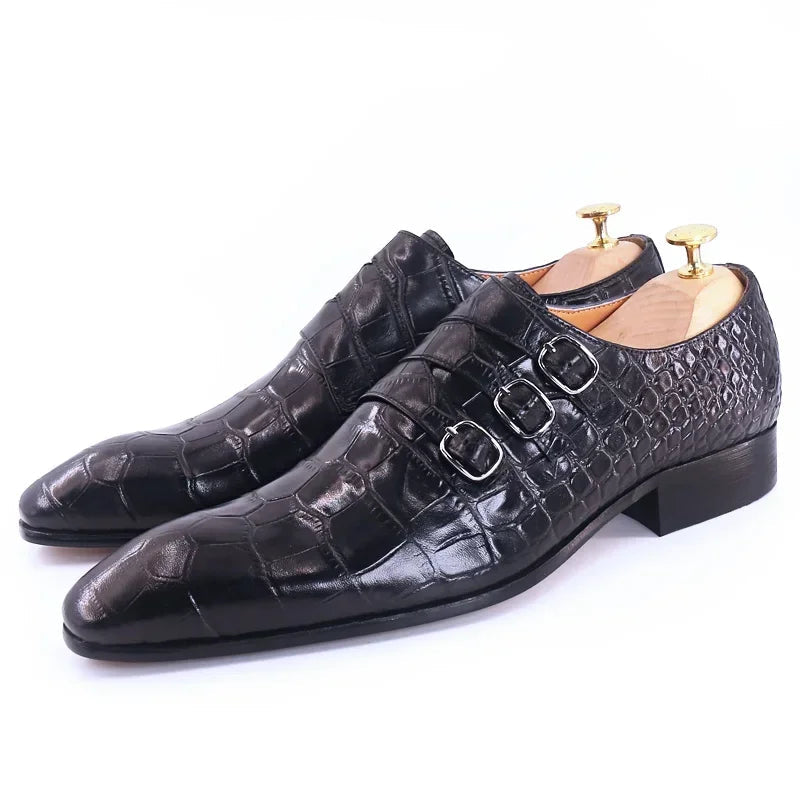 Triple Buckle Monk Strap Leather Shoes