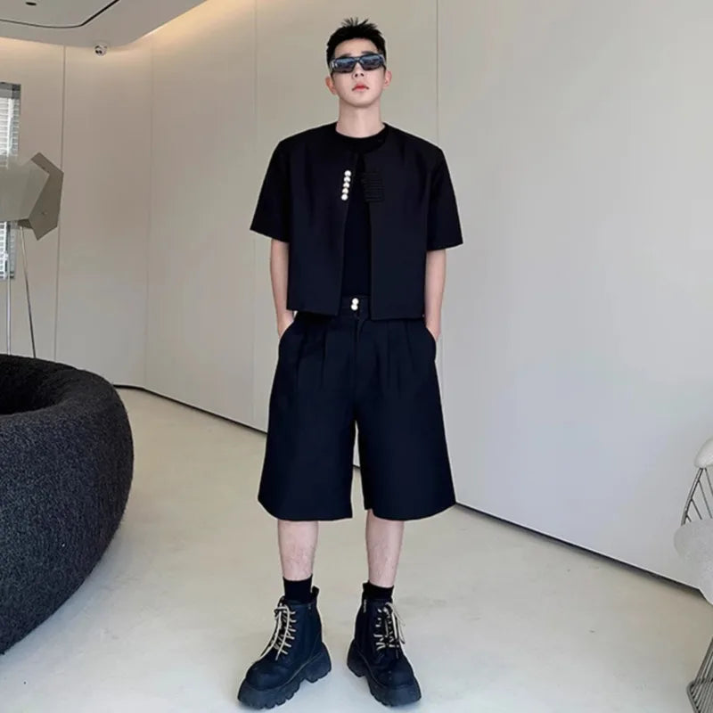 Casual Round Collar Solid Shorts Set