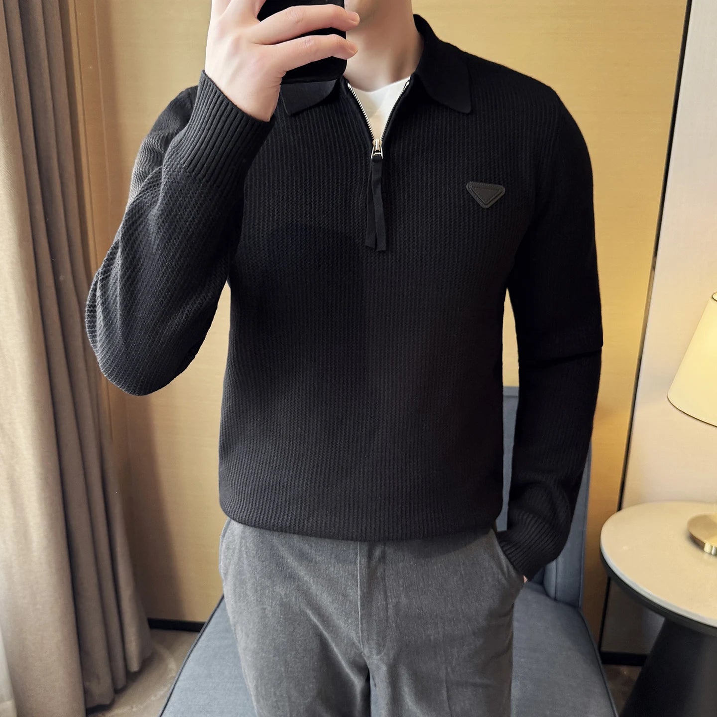 Half Zip Design Mock Neck Polo Shirt