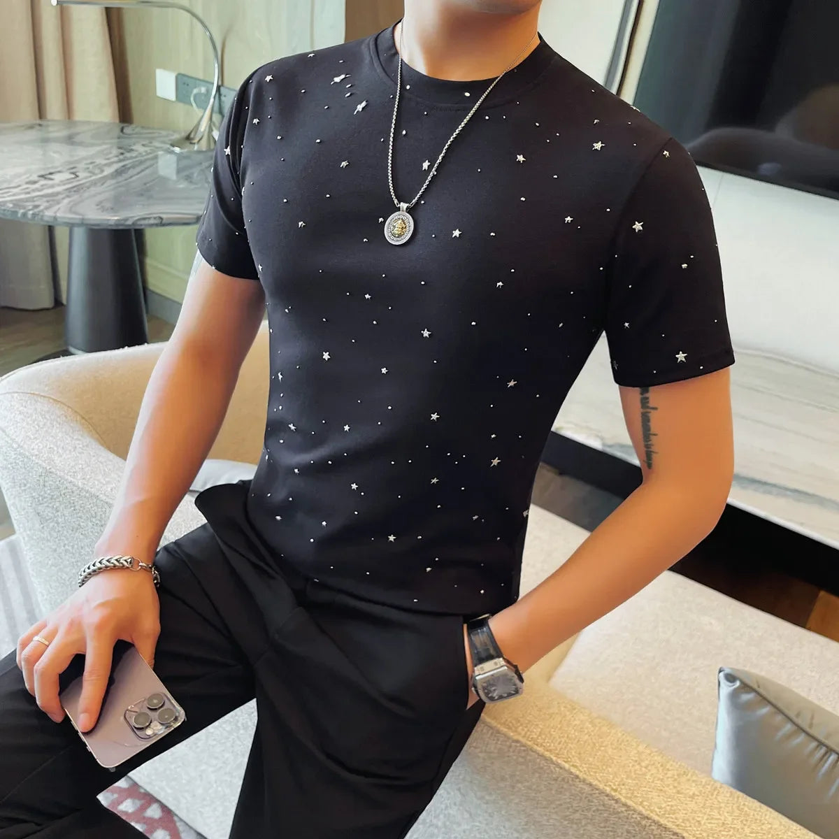 Star Sprinkled Slim-Fit Casual Tee
