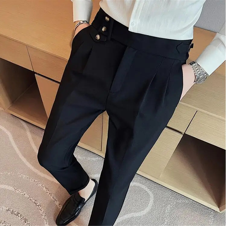 Solid Casual High Waist Button Trousers