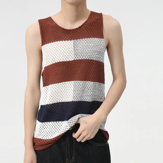Color Block Knitted Hollow-Out Tank Top