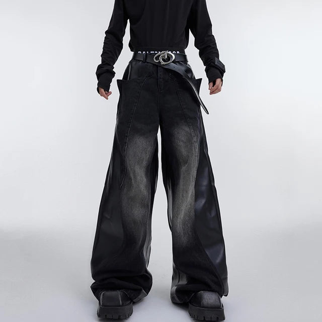 Patchwork PU Leather Denim Wide-Leg Jeans