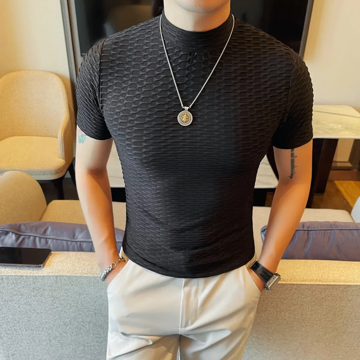 Half High Collar Slim Fit Casual Tee