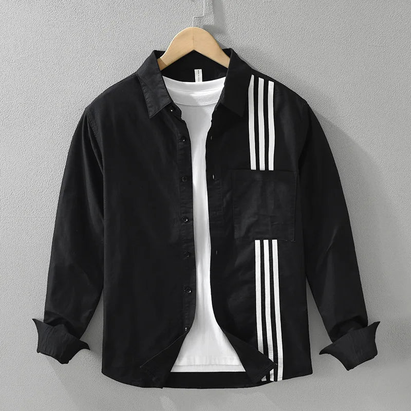 Cotton Long Sleeve Solid-Stripes Shirt