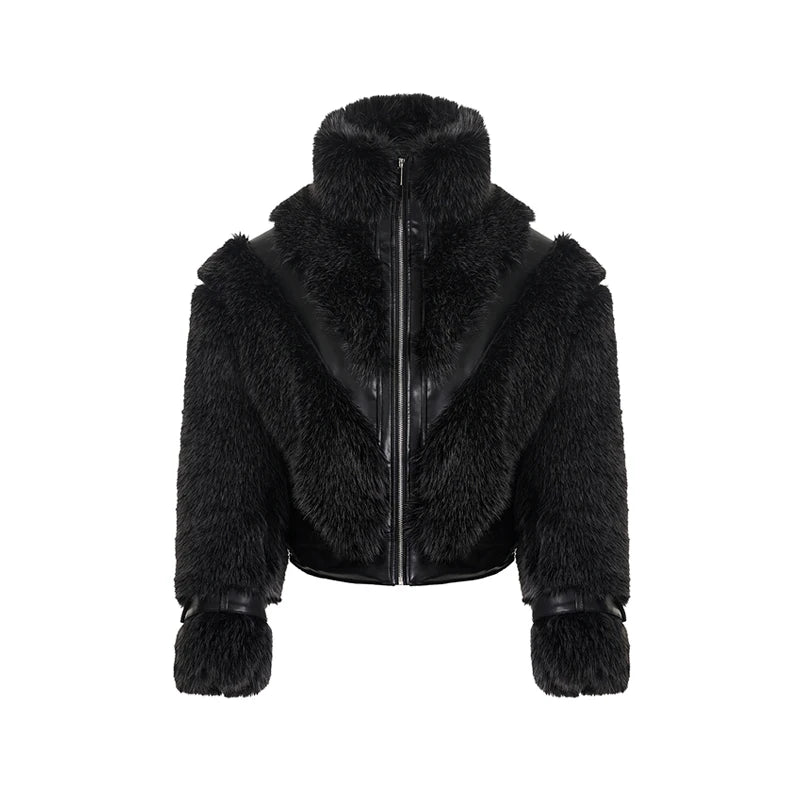 Leather Patchwork Imitation Fur Jacket