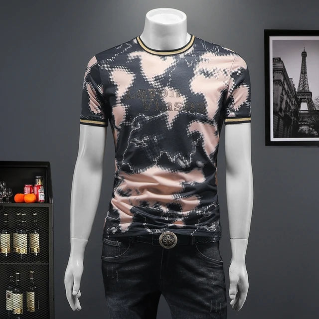 Gradient Abstrac Printed Rhinestone T-Shirt