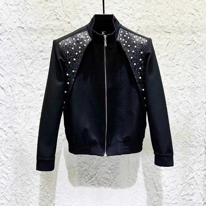 Pearls Beading Patchwork Zipper Jacket