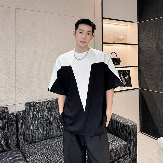 Contrast Patchwork Round Neck Loose T-Shirt