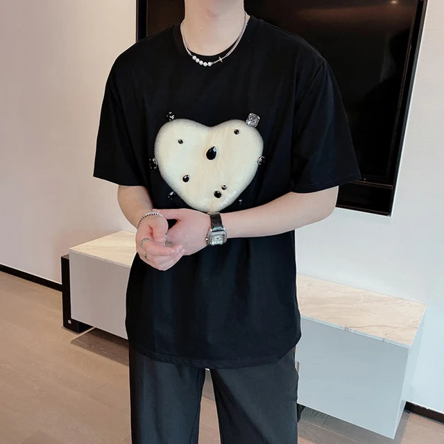 Heart Pattern Rhinestone Decoration T-Shirt