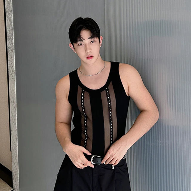 See-Through Spliced Polyester Tank Top