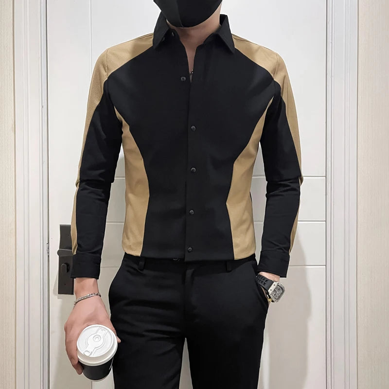 Gold Patchwork Color Long-Sleeved Shirt