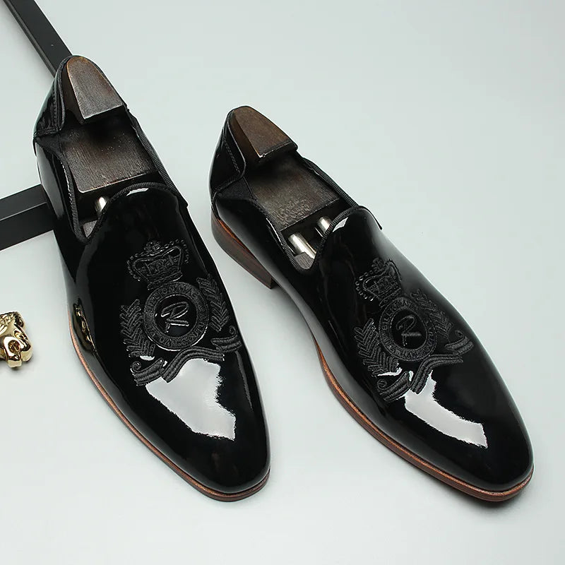 Shiny Lux Embroidery Leather Loafers