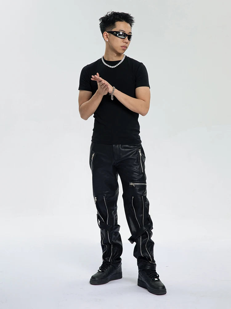 Multi-Zippers Belt Leather Pants