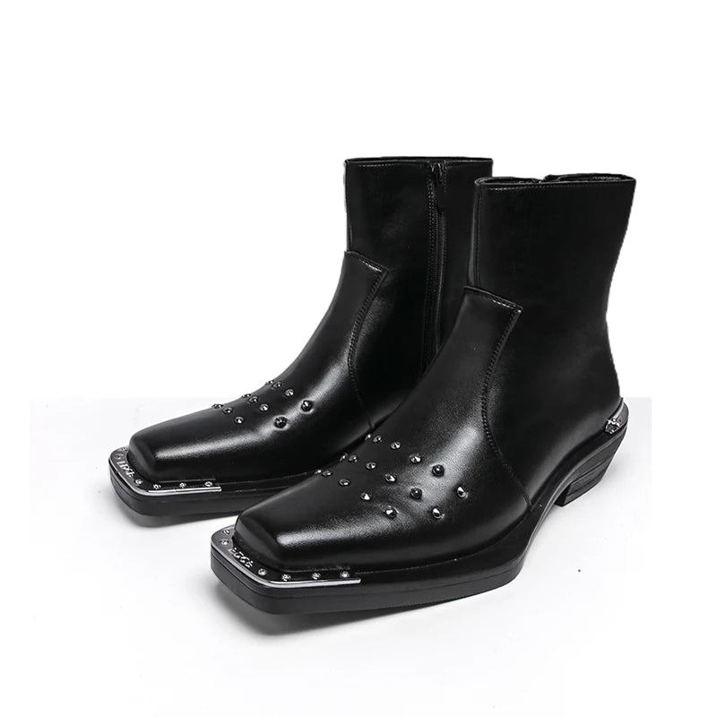 Patchwork Rivet PU Square Tip Boots