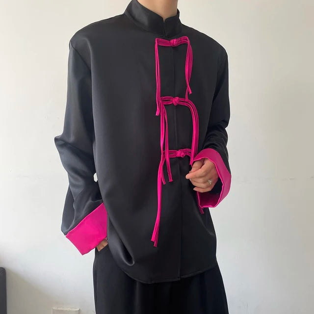 Chinese Style Buckle Stand Collar Shirt