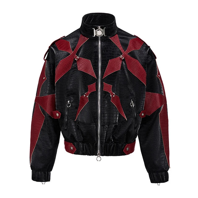 Red Black Patchwork Pu Leather Jacket