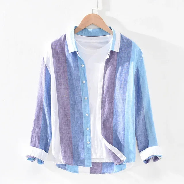 Linen Long-Sleeved Color Block Shirt