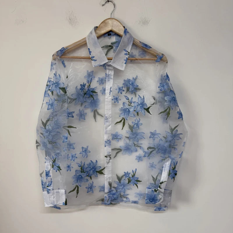 Floral Decoration Sheer Organza Shirt