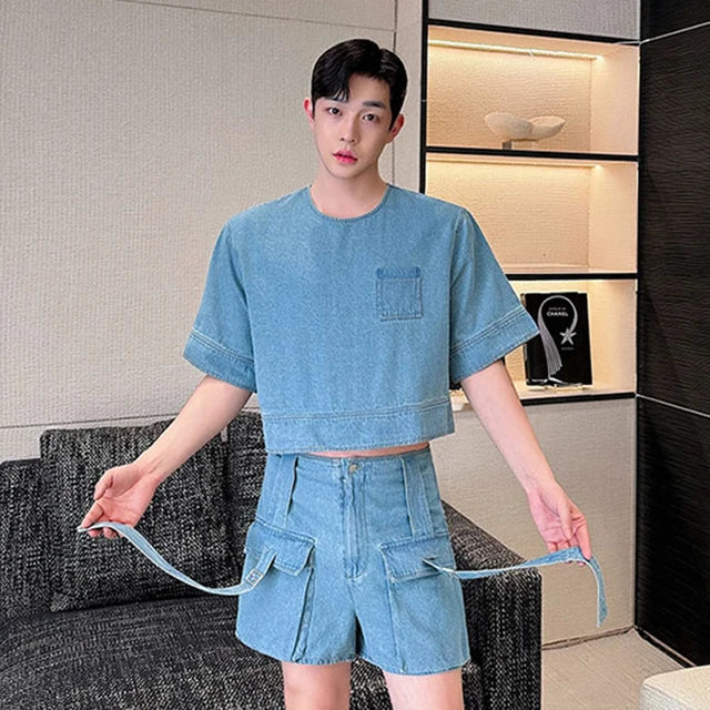 Solid Casual Denim Cargo Short Set