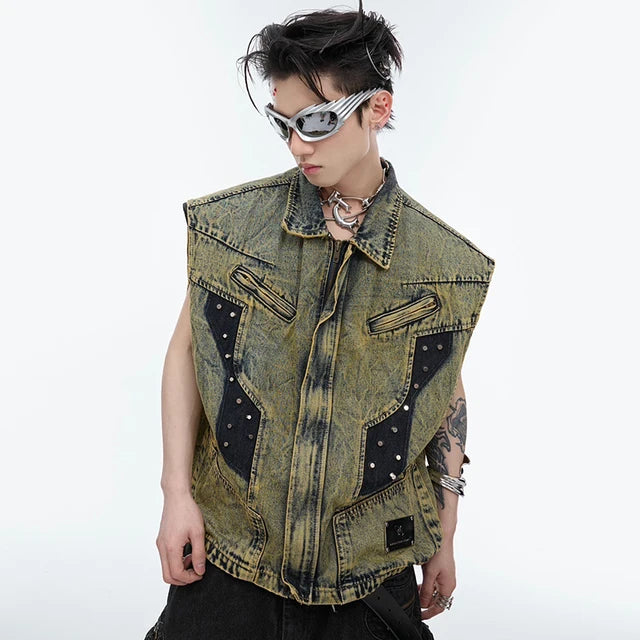 Irregular Old Metal Rivet Denim Vest