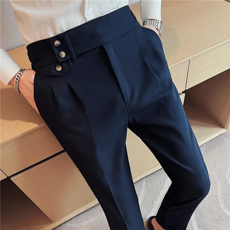 Solid Casual High Waist Button Trousers