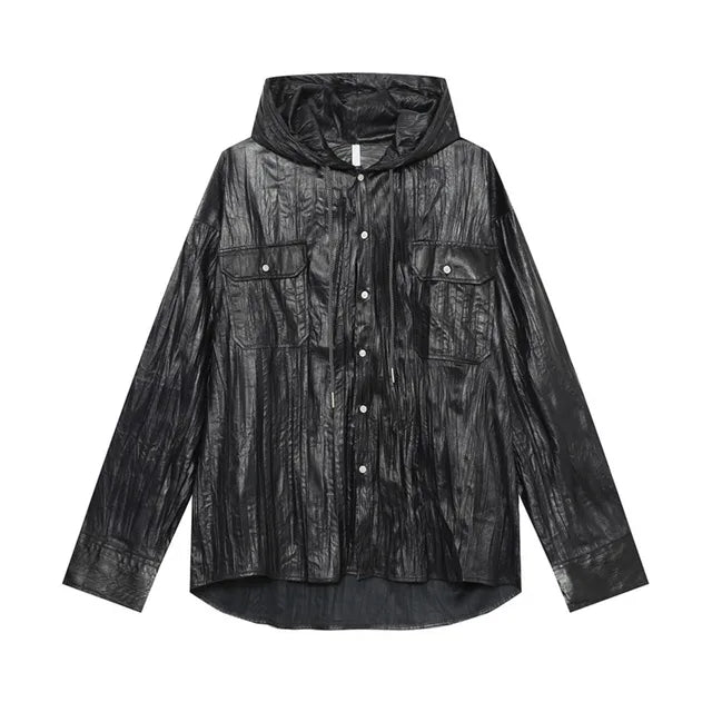 Solid Hooded Pleated Drawstring Jacket