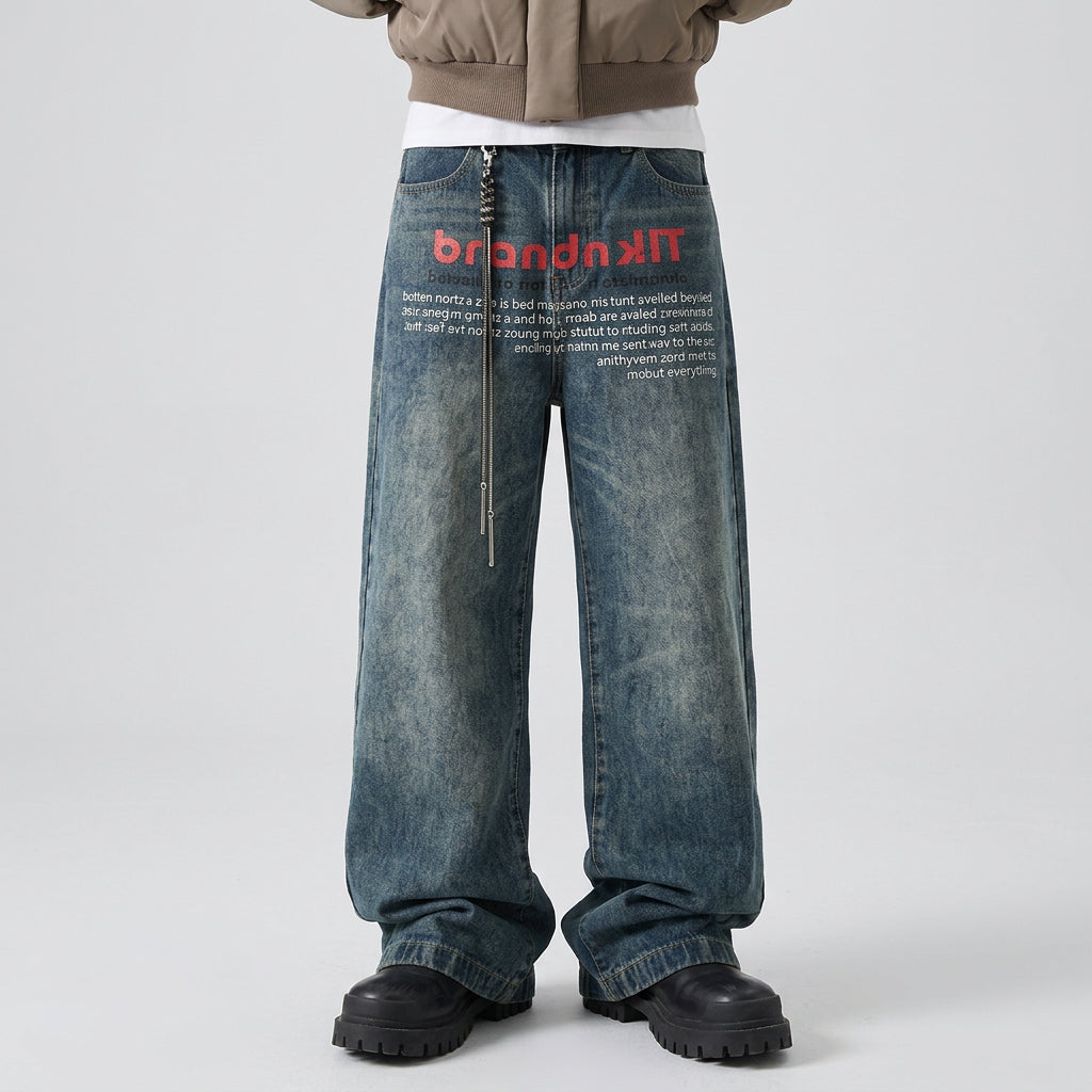 Printed Letter Hip-Hop Straight Loose Jeans