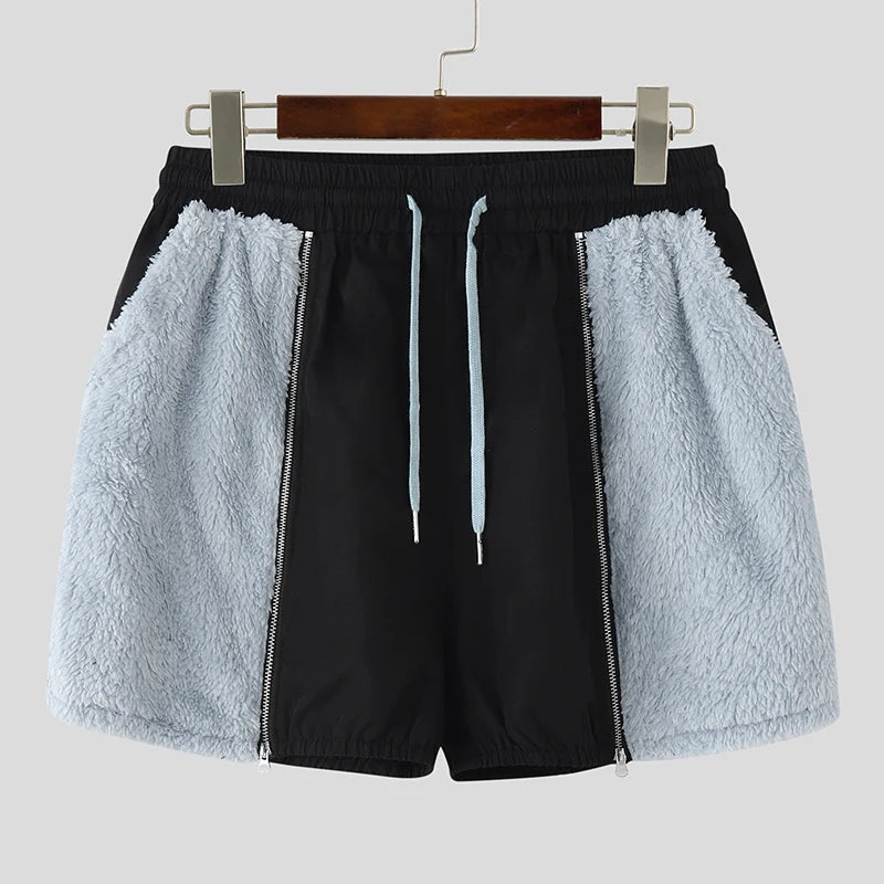Fleece Plush Patchwork Drawstring Shorts